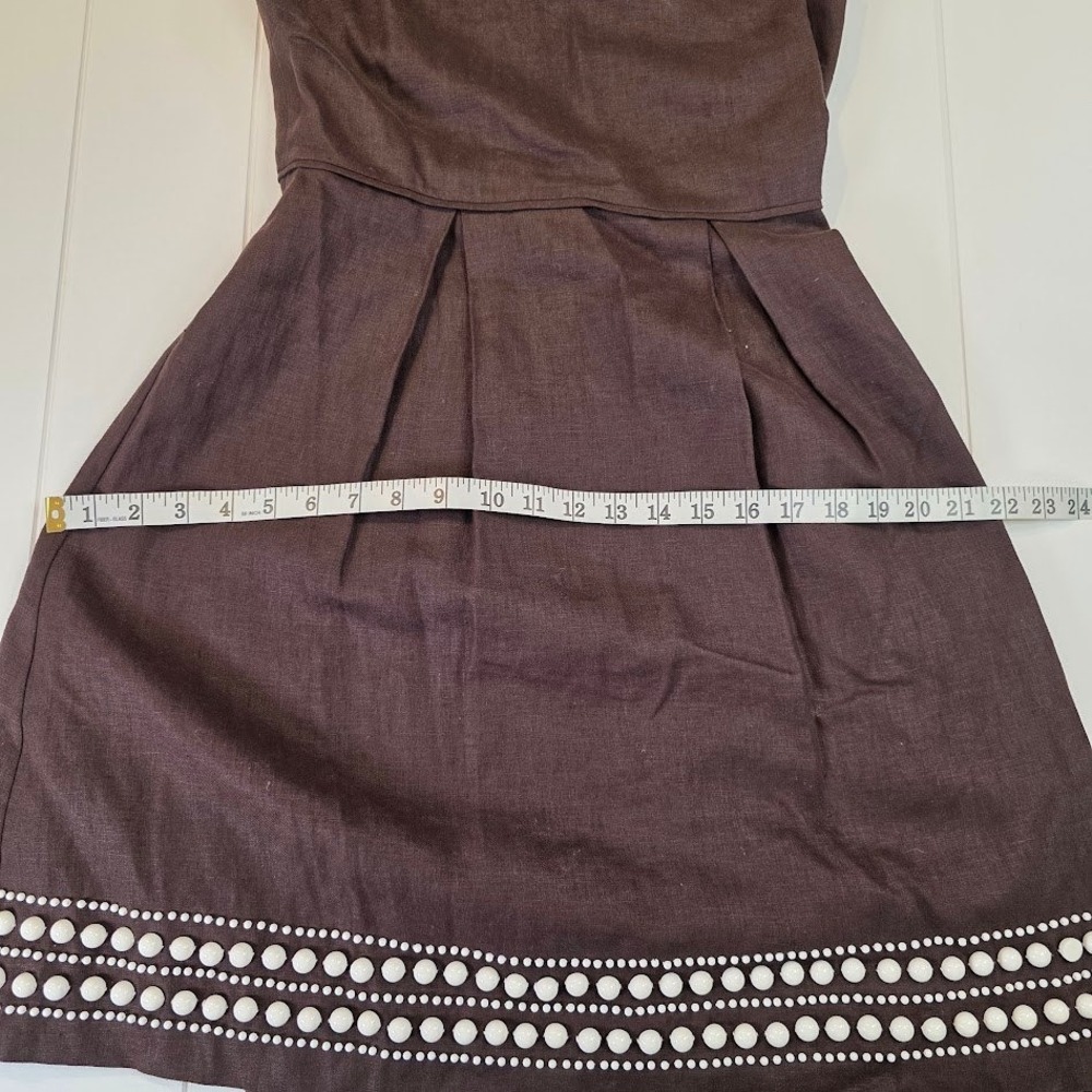 Kate‎ Spade Women's Sz 4 Fit & Flare Dress Brown 100% Linen Beaded Sleeveless - Picture 10 of 11